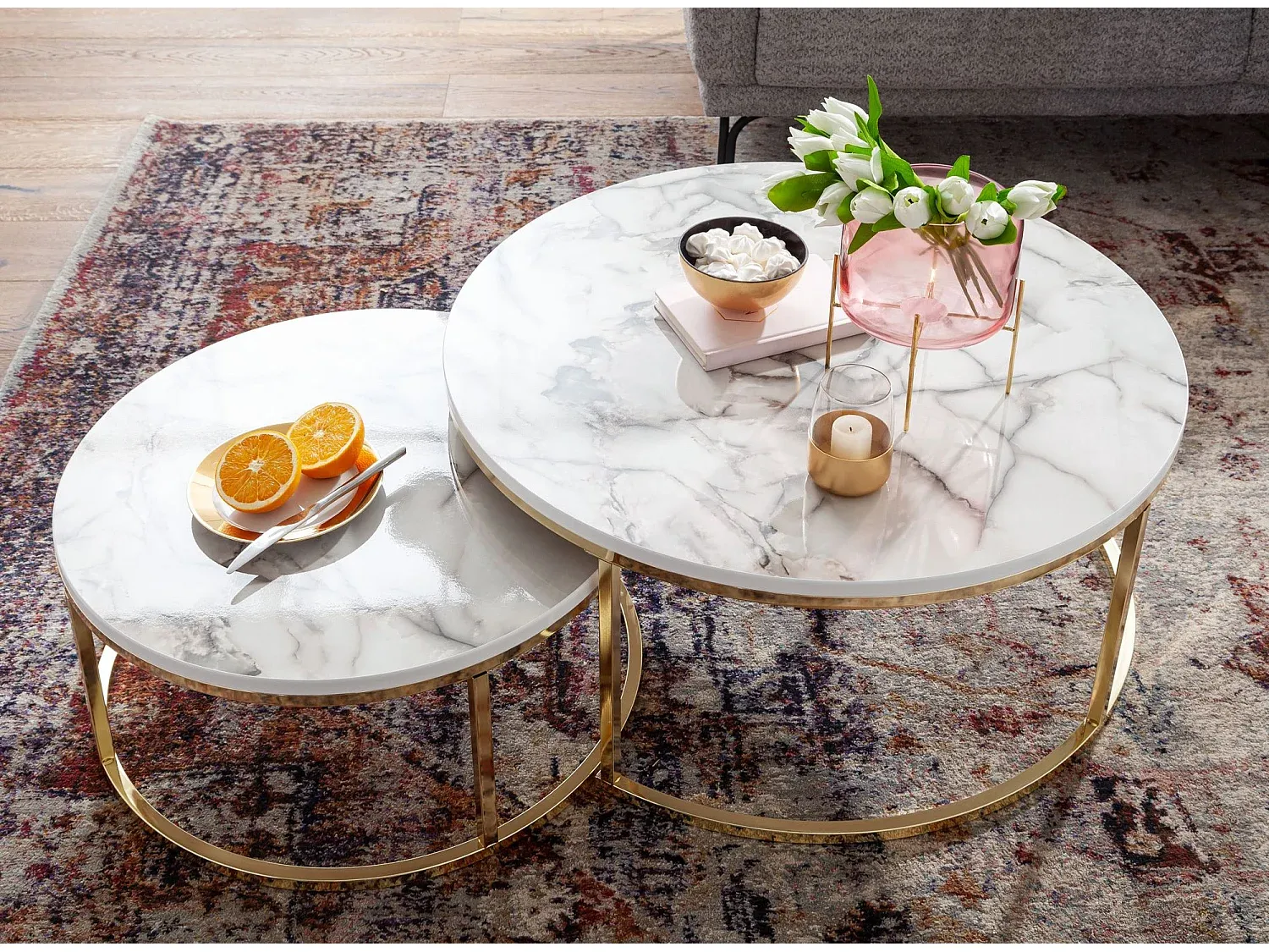 Runder Satztisch im Marmor-Look, 2er-Set