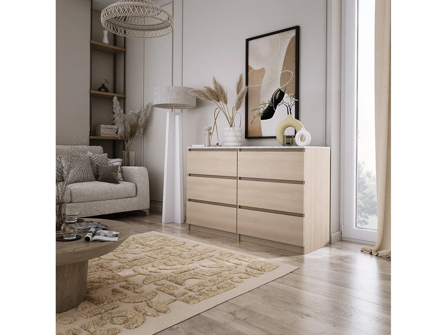 Kommode mit 6 Schubladen in Eiche und Marmoroptik, 120 x 79 x 39 cm