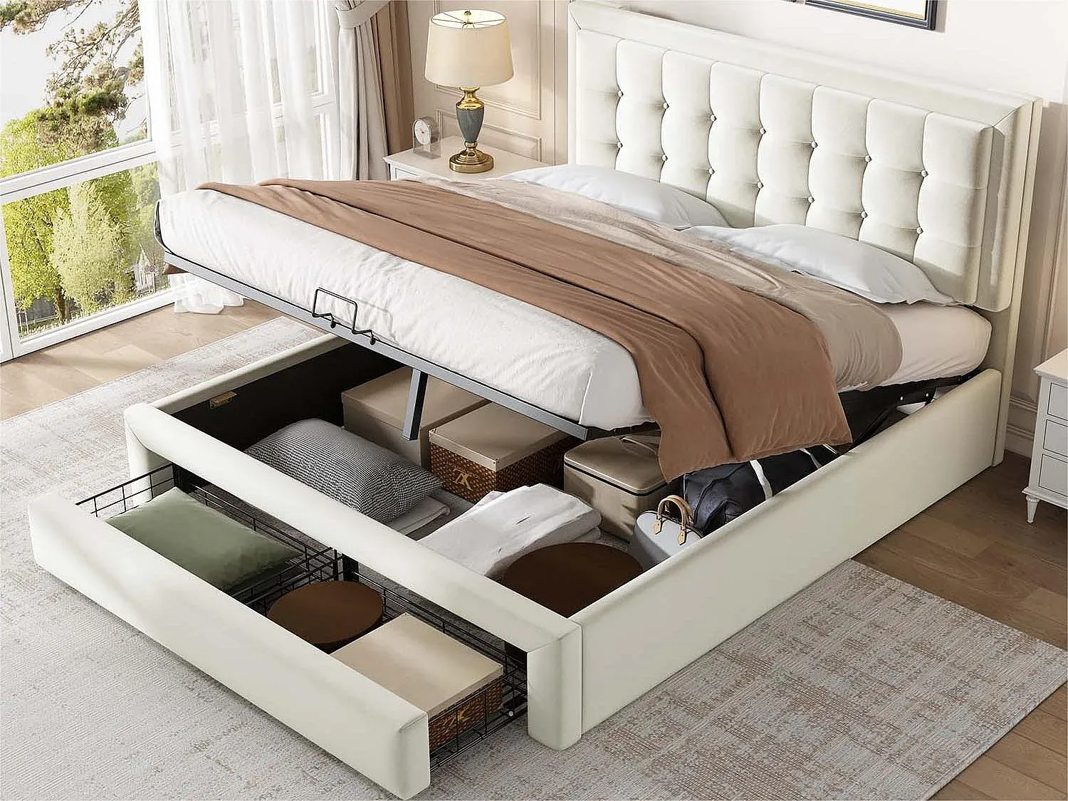 Bettrahmen mit Stauraum und Schublade, 180 x 200 cm, Samt, Beige