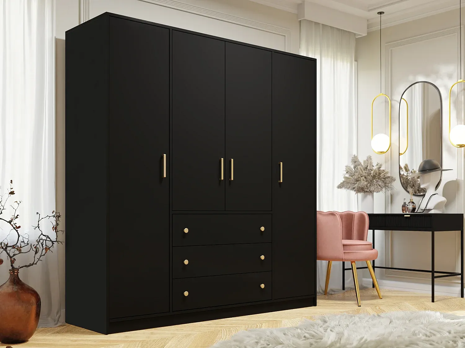 Großer Kleiderschrank mit 4 Türen und 3 Schubladen, Schwarz, 196 cm