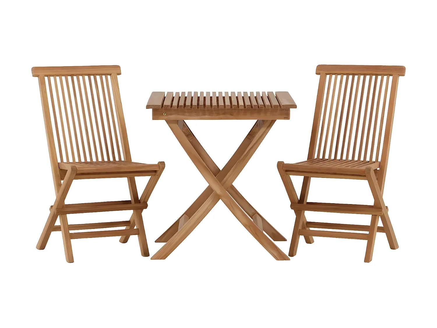 Kompaktes Gartenset mit quadratischem Tisch und zwei Stühlen, naturfarben