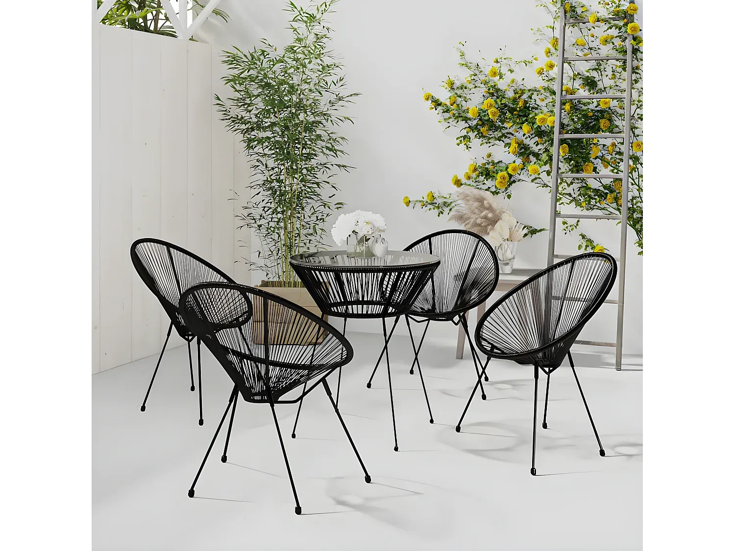 Moderne Garten-Essgruppe aus PVC Rattan in Schwarz, 5-teilig