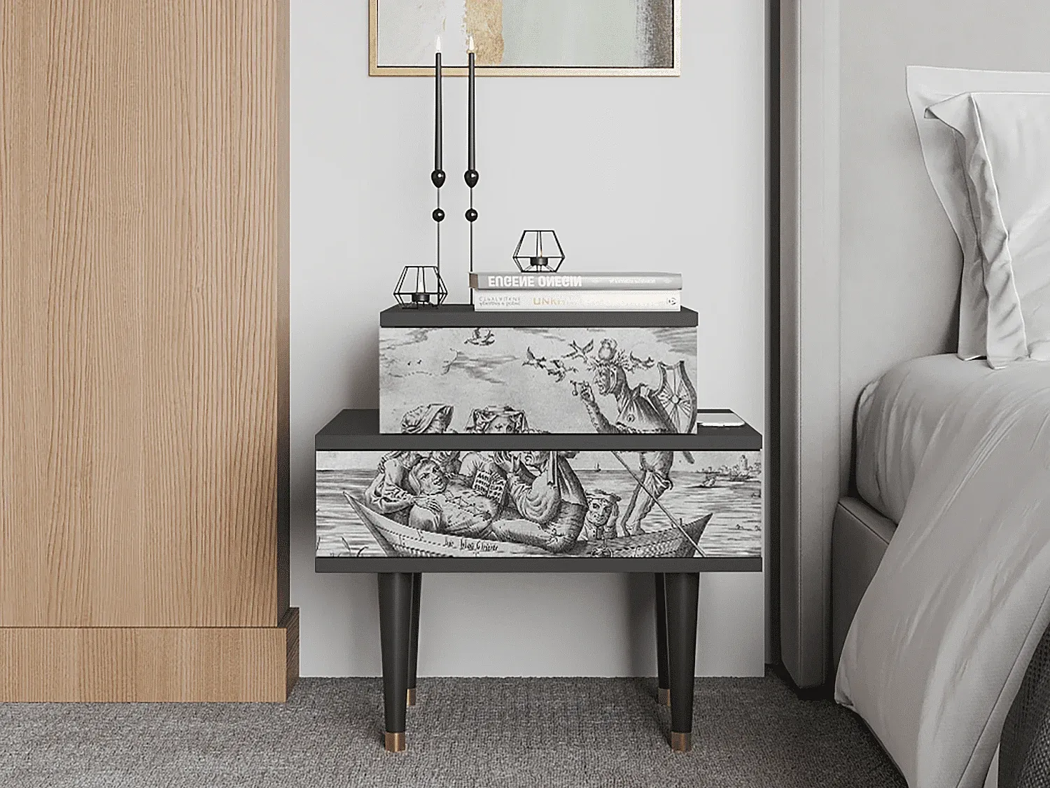 Moderner Nachttisch in Blau und Anthrazit, kompakt