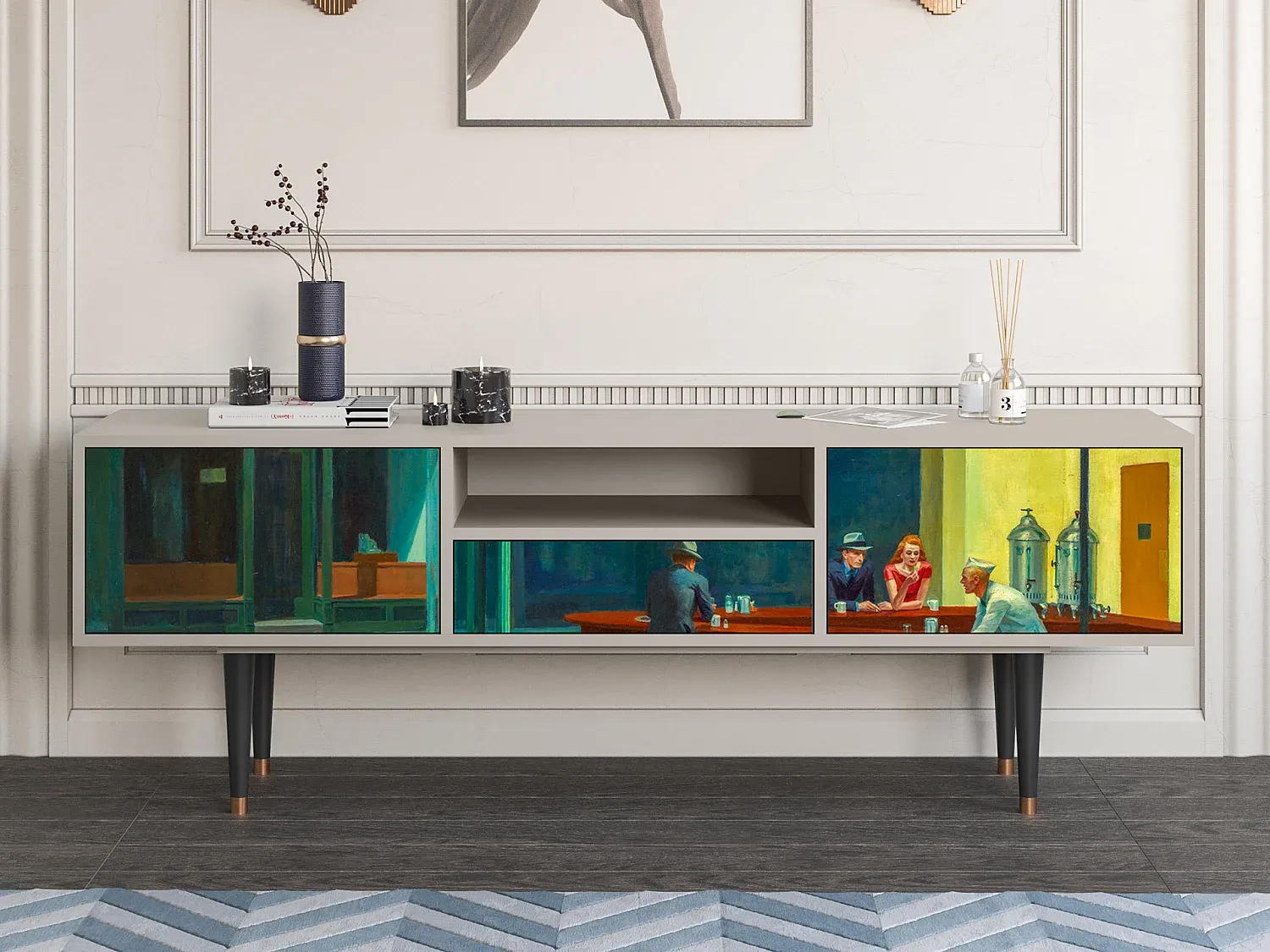 Moderner TV-Schrank mit Hopper-Motiv, Sandfarbe