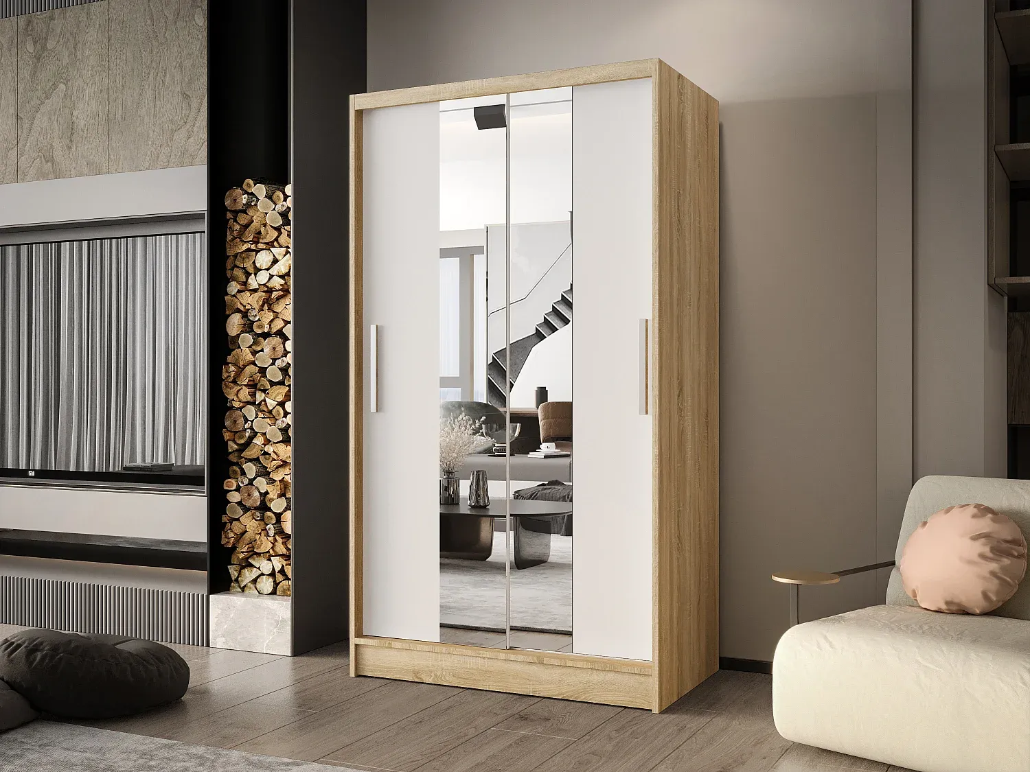 Moderner Schiebeschrank mit Spiegel, Regalböden und Kleiderstange