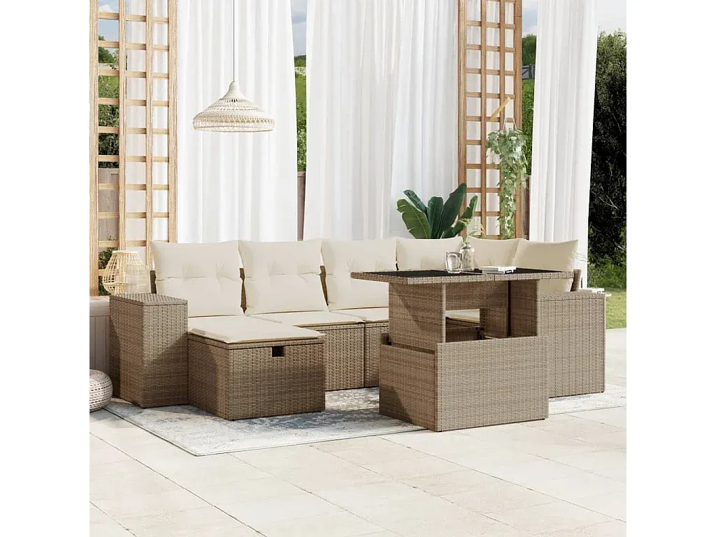 Outdoor-Sofa-Set aus Polyrattan mit Kissen, Beige, 7-teilig
