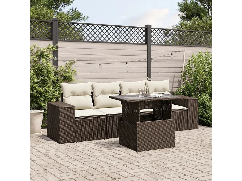 Garten-Loungeset aus Poly Rattan mit Kissen, 5-teilig, Braun
