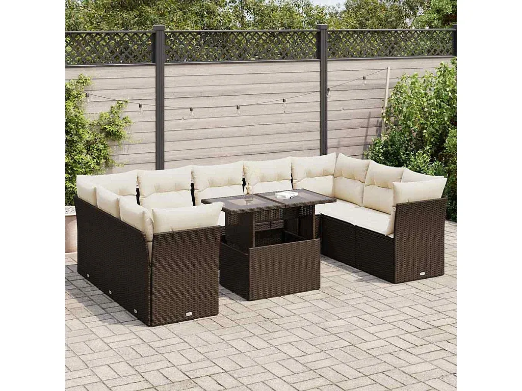 Gartenmöbel Set aus Poly Rattan mit Kissen, 10-teilig, Braun