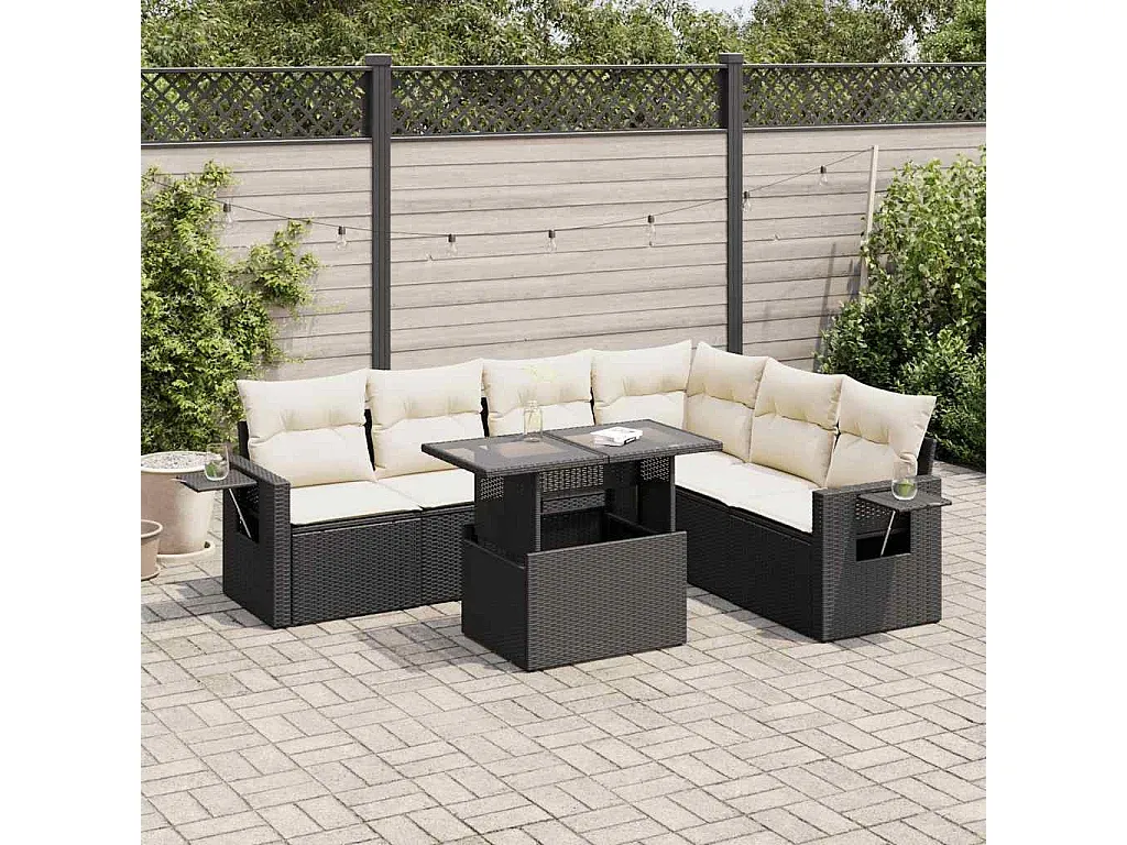 Hochwertige Gartenlounge mit Kissen aus Polyrattan, 7-teilig, Schwarz