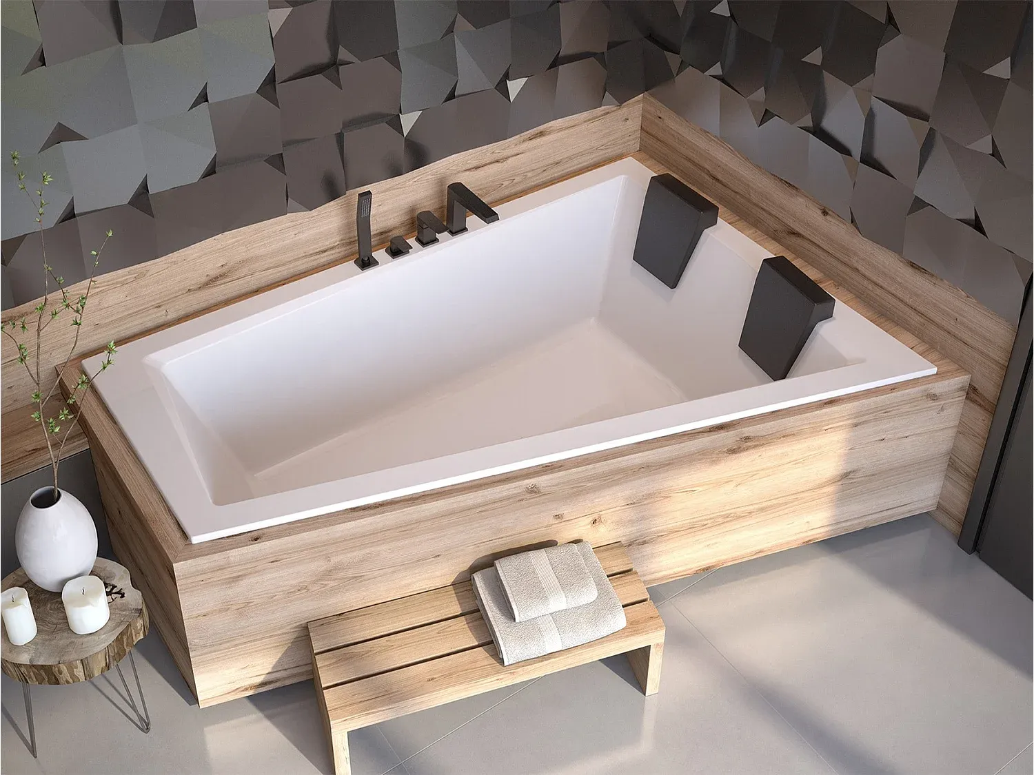 Große Eckbadewanne mit Ablage und Kopfstützen