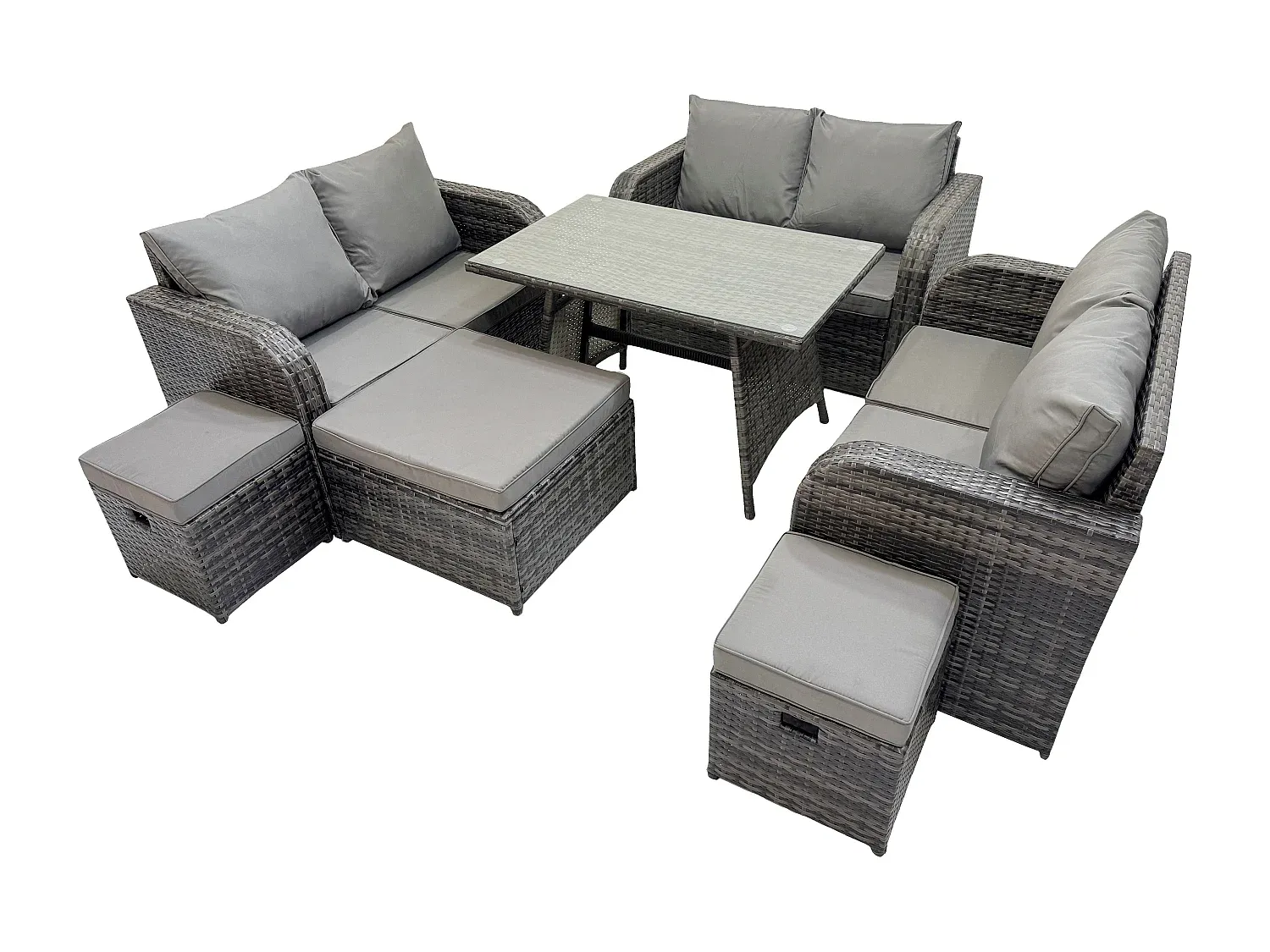 9-Personen Gartenmöbel-Set aus Polyrattan mit Esstisch und Hockern, dunkelgrau