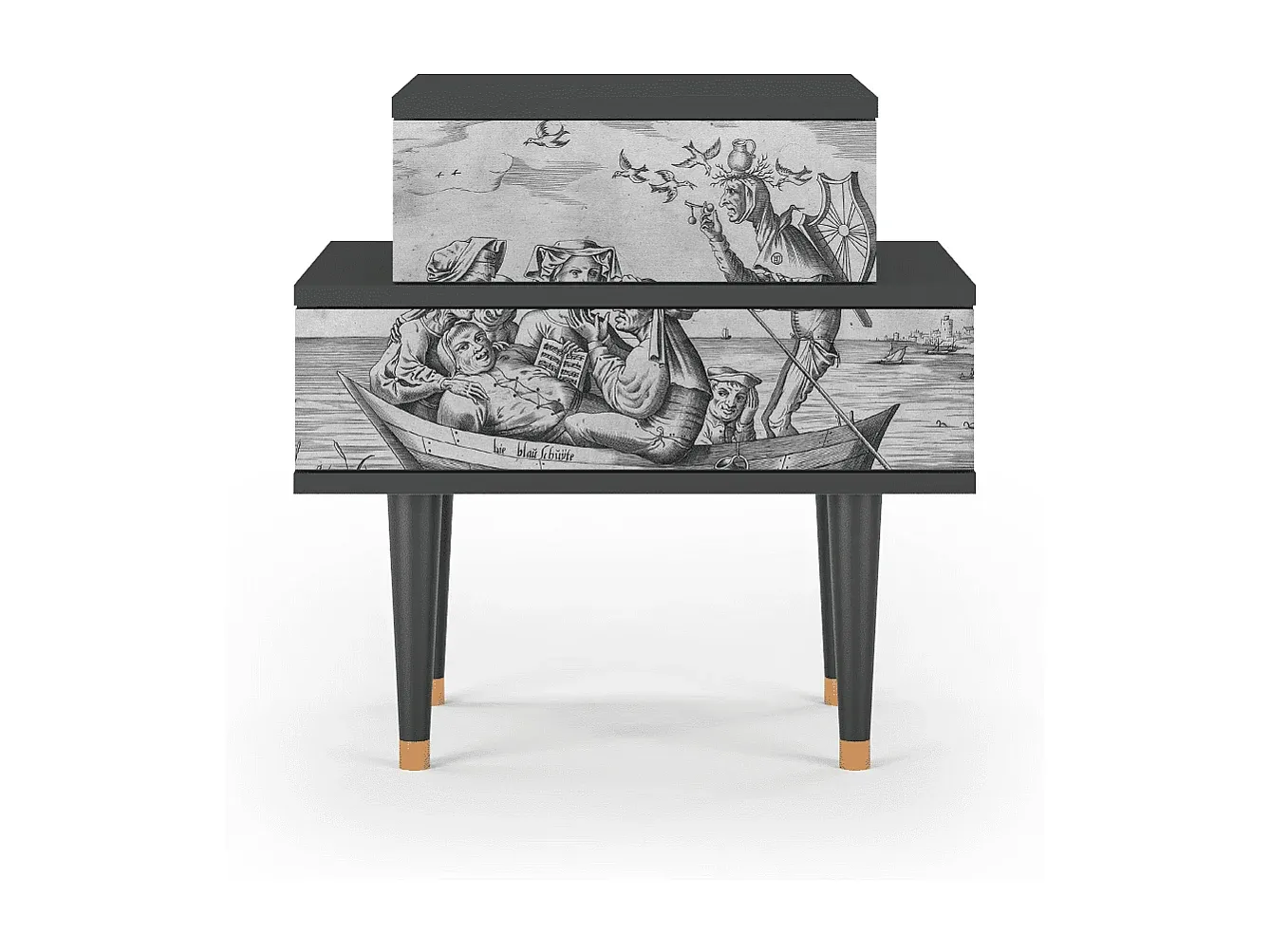 Moderner Nachttisch in Blau und Anthrazit, kompakt