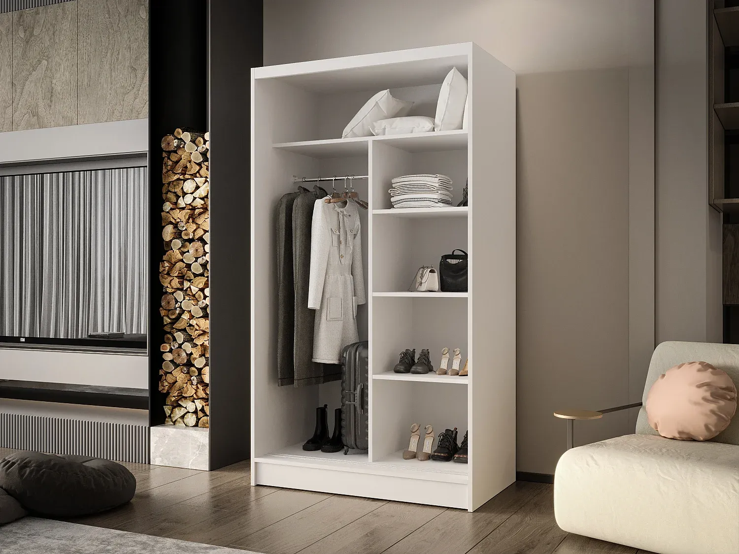 Moderner Schiebeschrank mit Spiegel, Regalböden und Kleiderstange