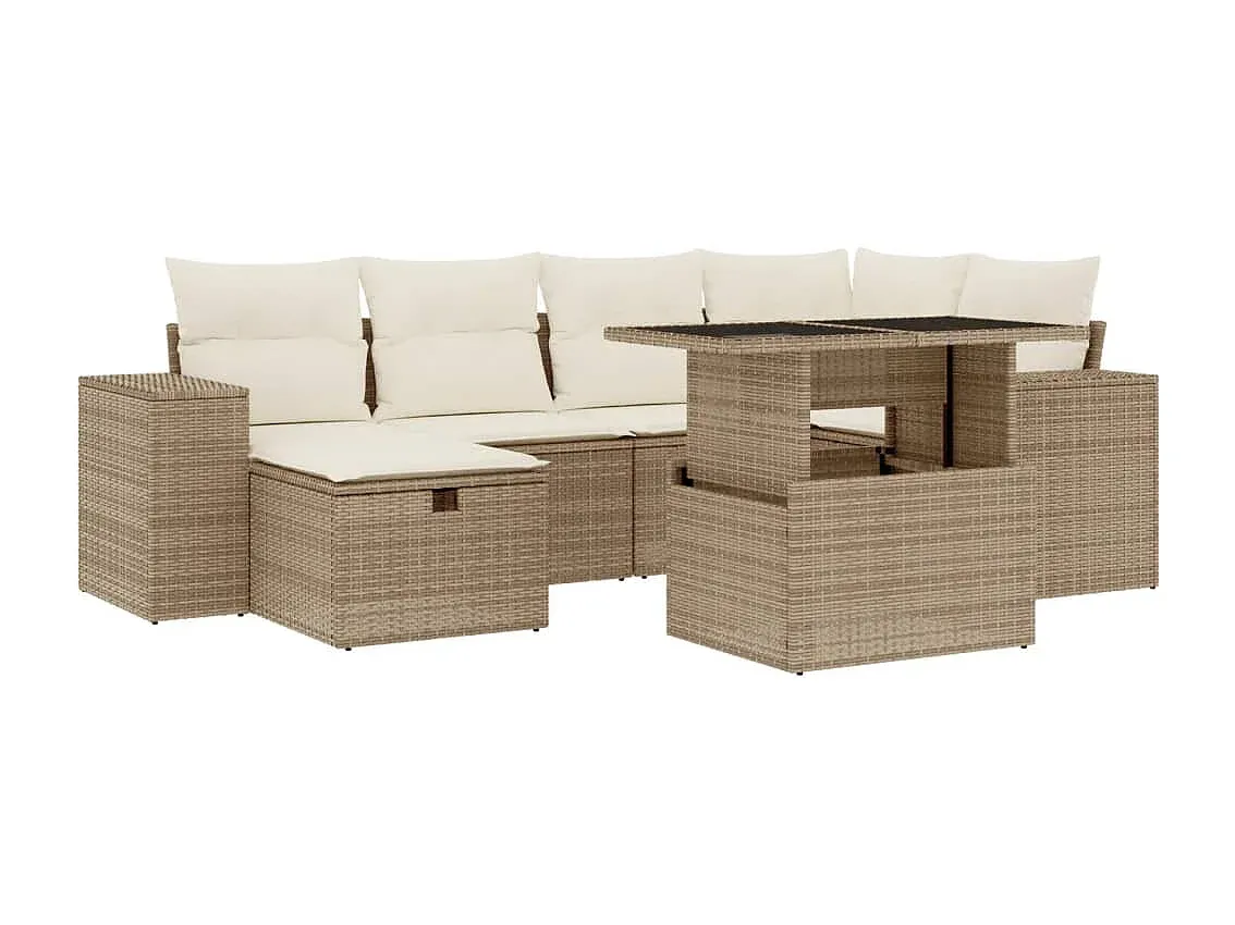 Outdoor-Sofa-Set aus Polyrattan mit Kissen, Beige, 7-teilig