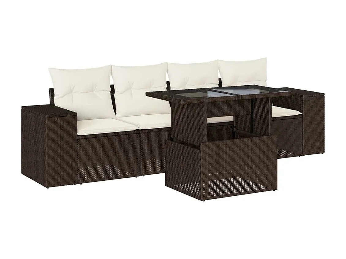 Garten-Loungeset aus Poly Rattan mit Kissen, 5-teilig, Braun