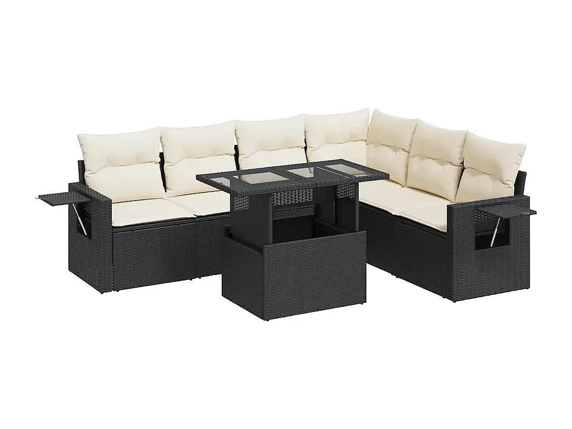 Hochwertige Gartenlounge mit Kissen aus Polyrattan, 7-teilig, Schwarz