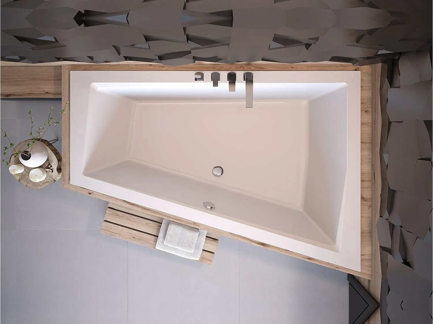 Große Eckbadewanne mit Ablage und Kopfstützen