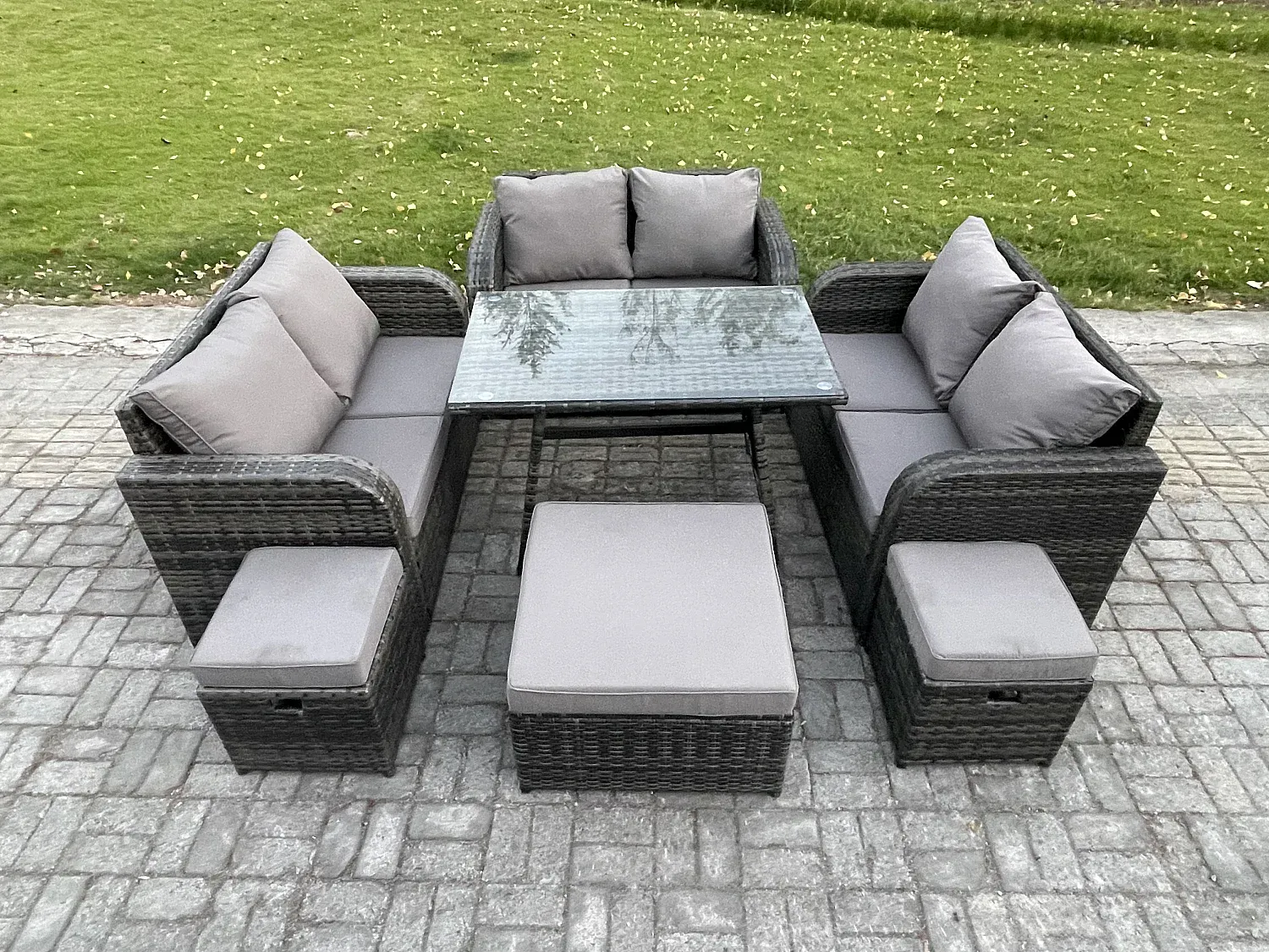 9-Personen Gartenmöbel-Set aus Polyrattan mit Esstisch und Hockern, dunkelgrau