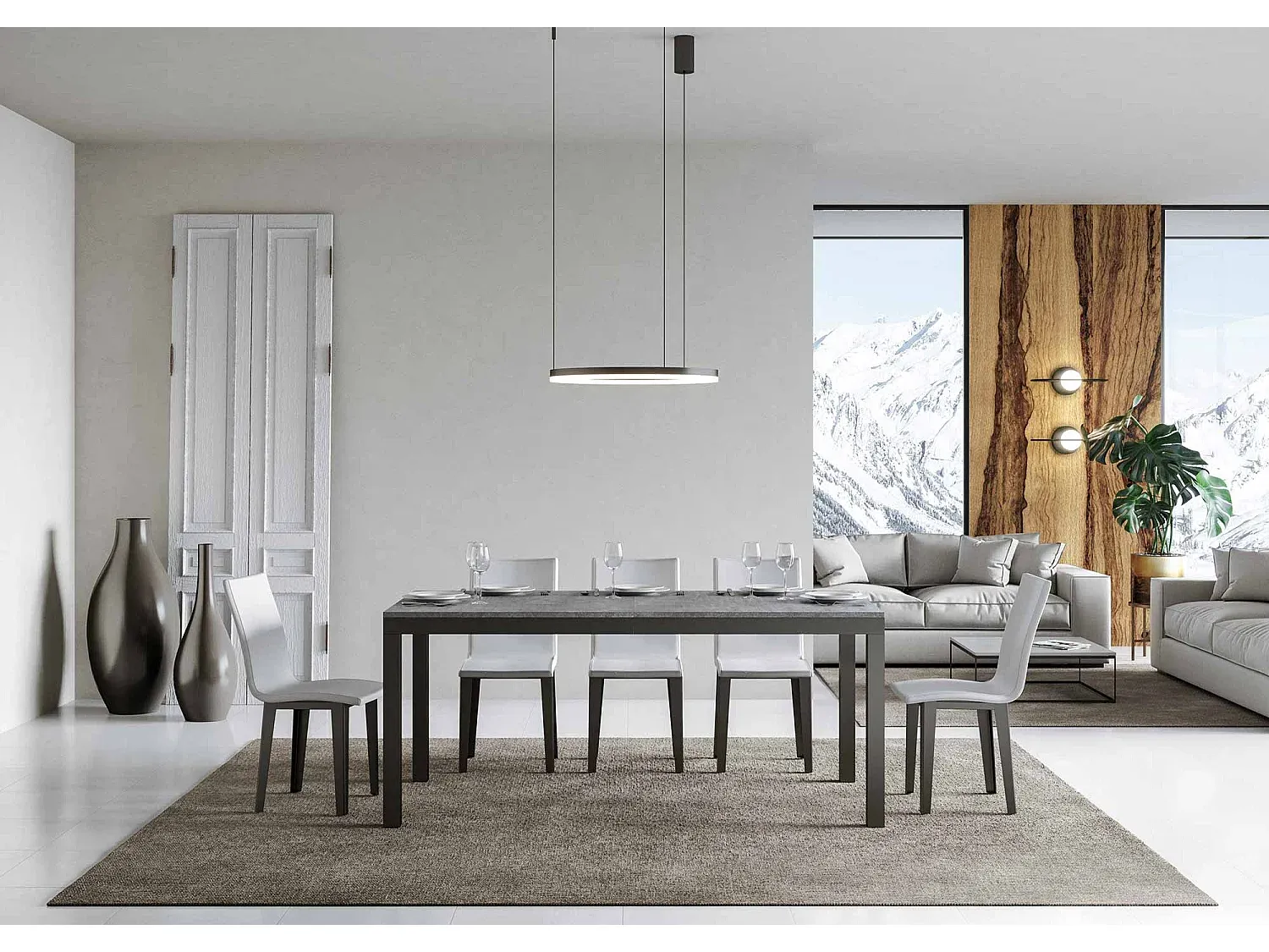 Moderner Ausziehtisch Zementoptik mit Eisenrahmen