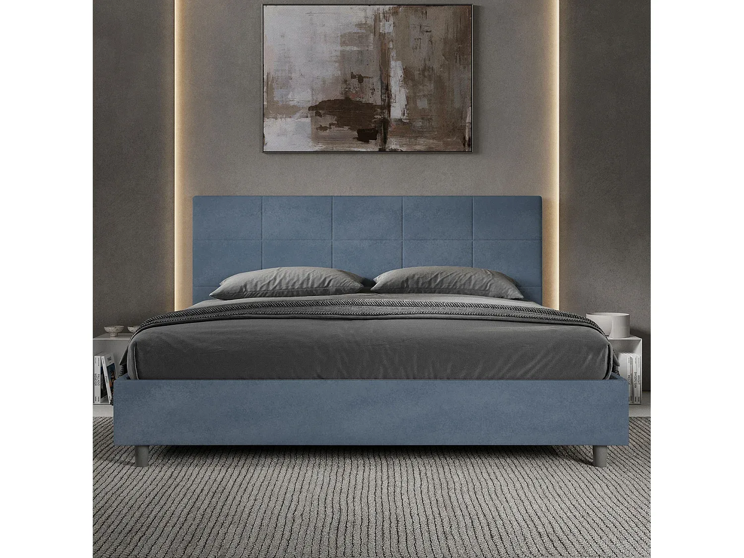 Gepolstertes Doppelbett ohne Lattenrost 180x210 Blau Mikrofaserbezug