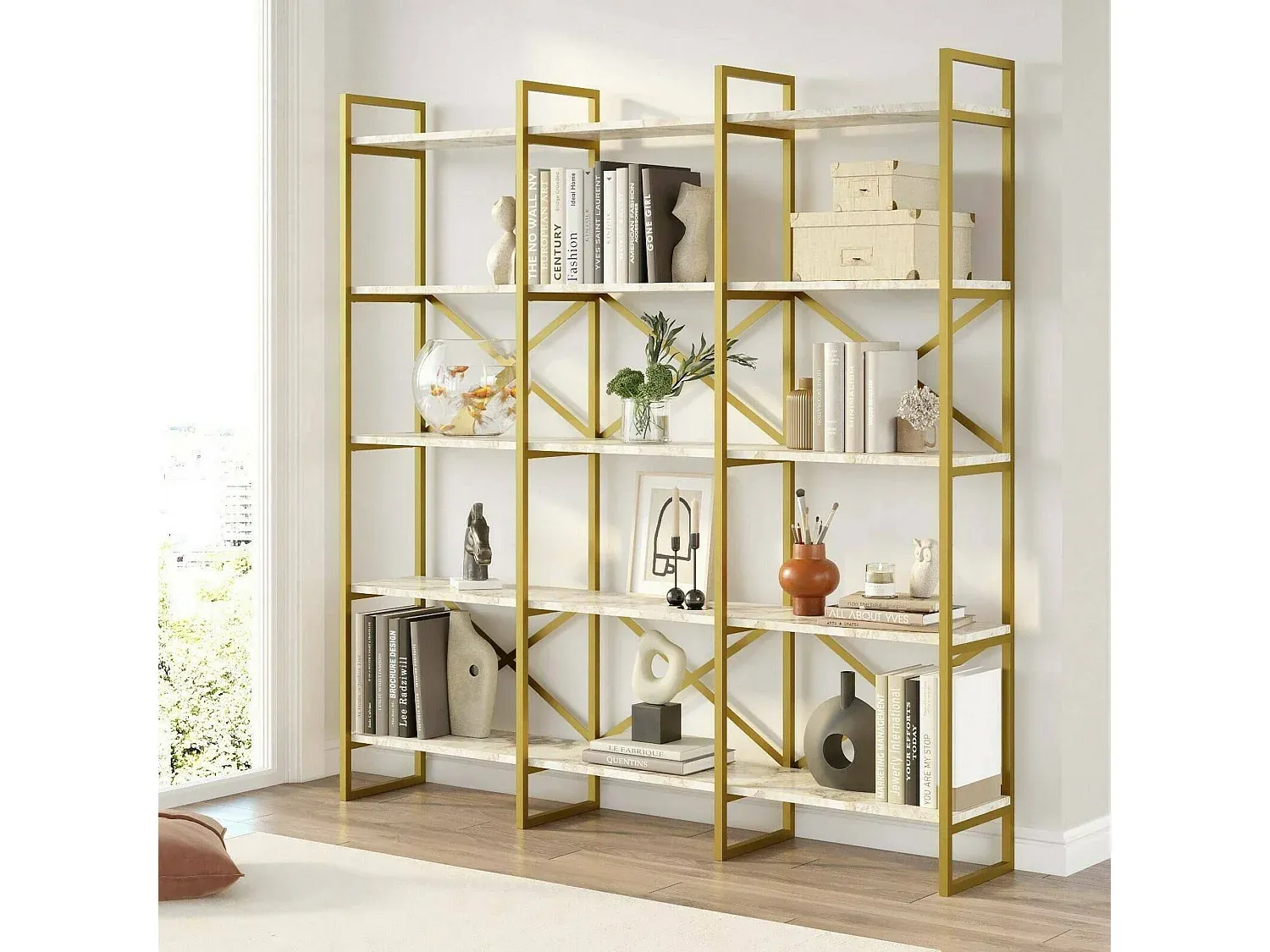 Modulares Bücherregal, Mobiles Lagerregal, Weiß-Gold, 170x30x175 cm