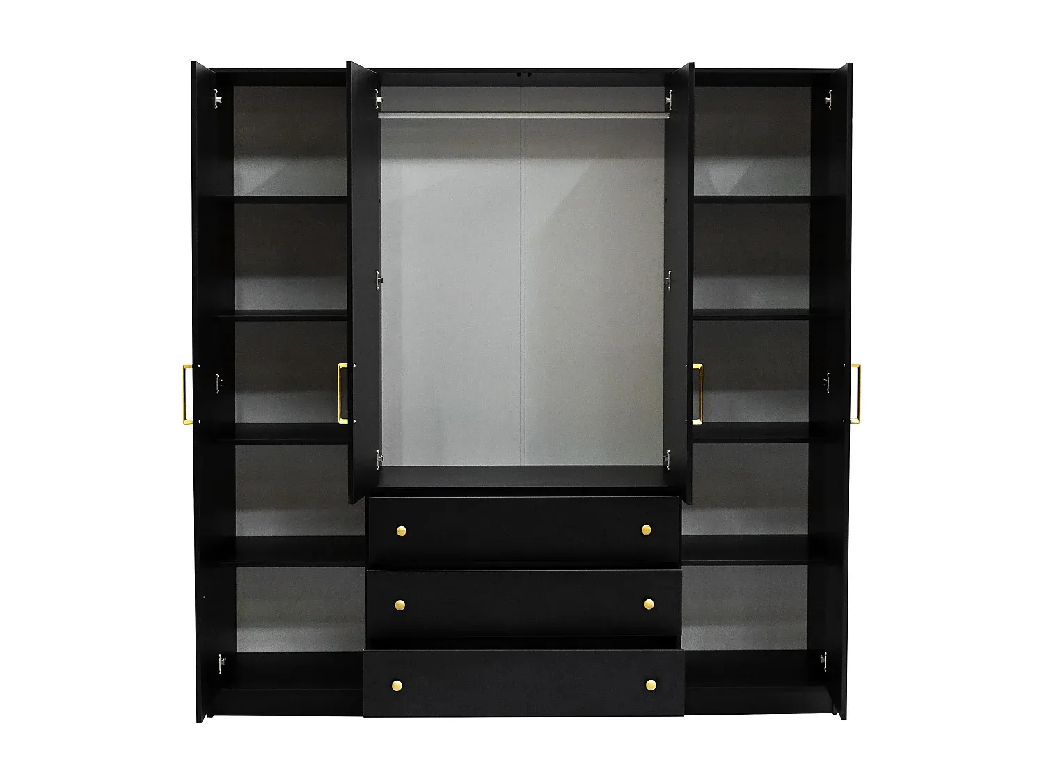 Großer Kleiderschrank mit 4 Türen und 3 Schubladen, Schwarz, 196 cm