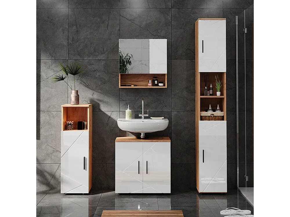 Hochschrank Badezimmer Weiß Hochglanz Eiche