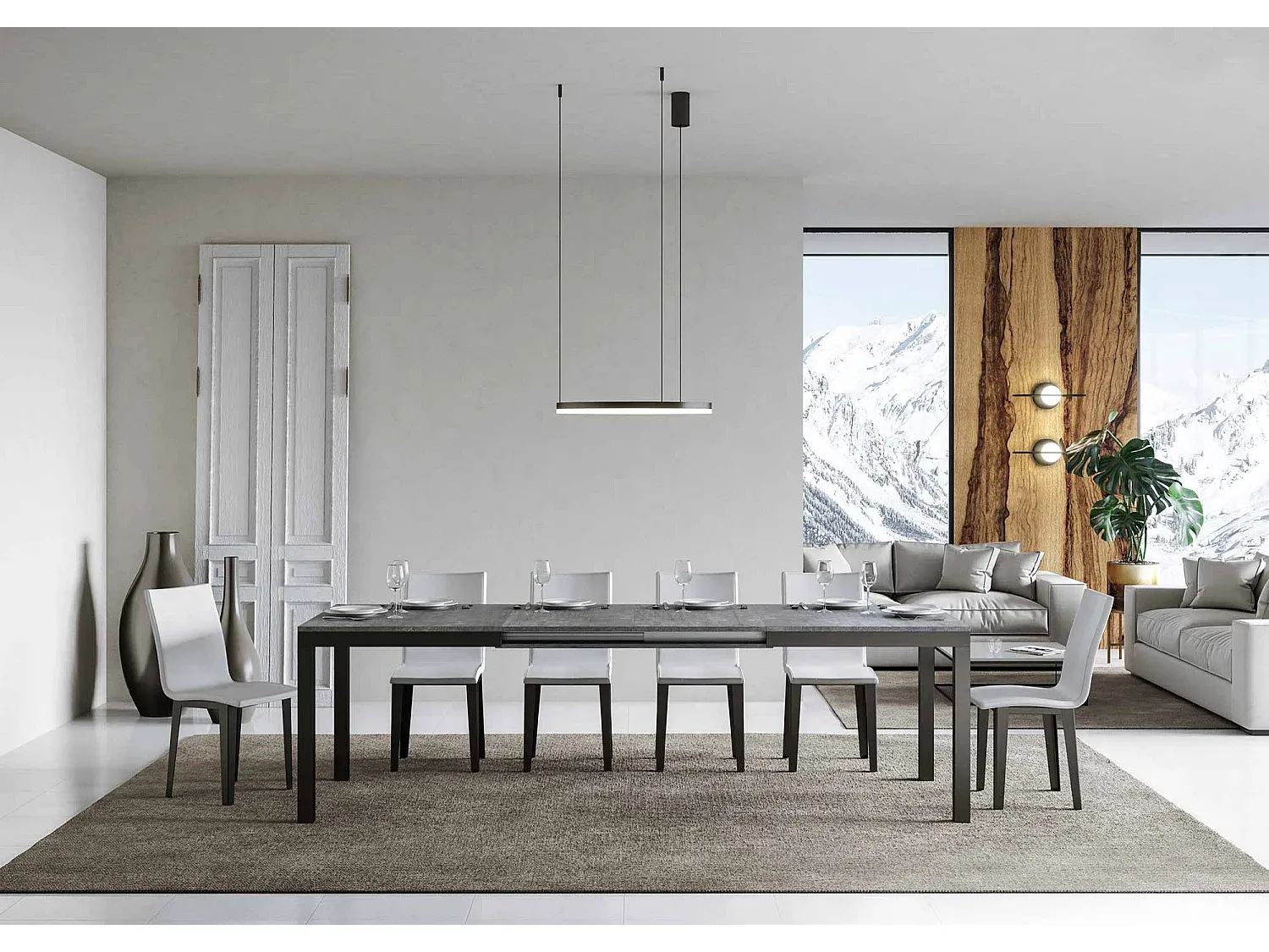 Moderner Ausziehtisch Zementoptik mit Eisenrahmen