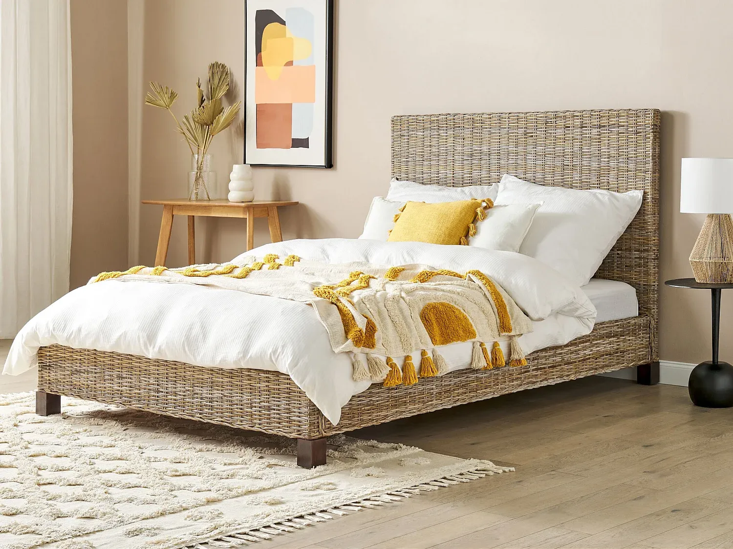 Rattan-Bett mit Lattenrost, 140 x 200 cm, Natur