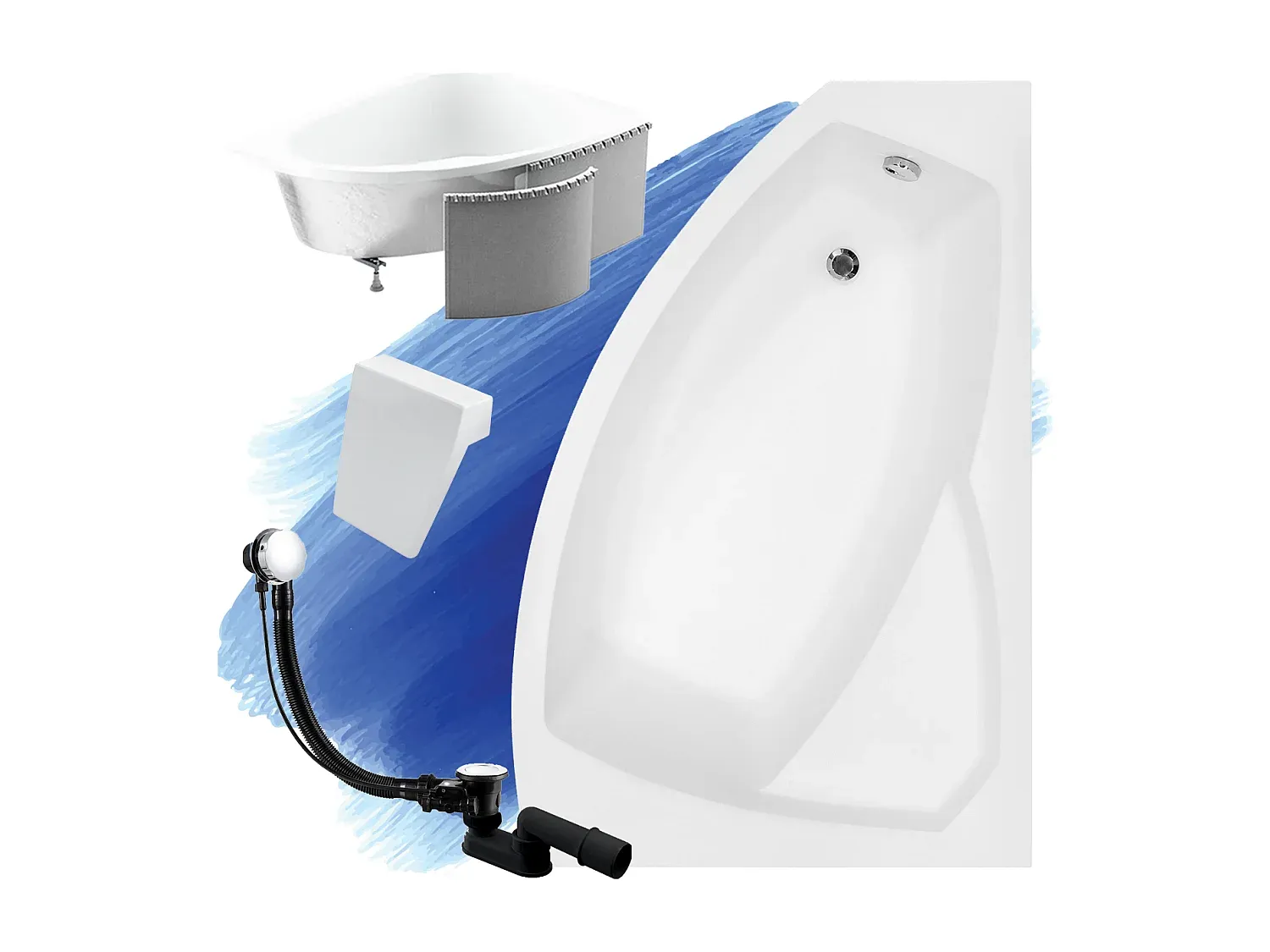 Eckbadewanne 170x110 mit Kopfstütze und Zubehör