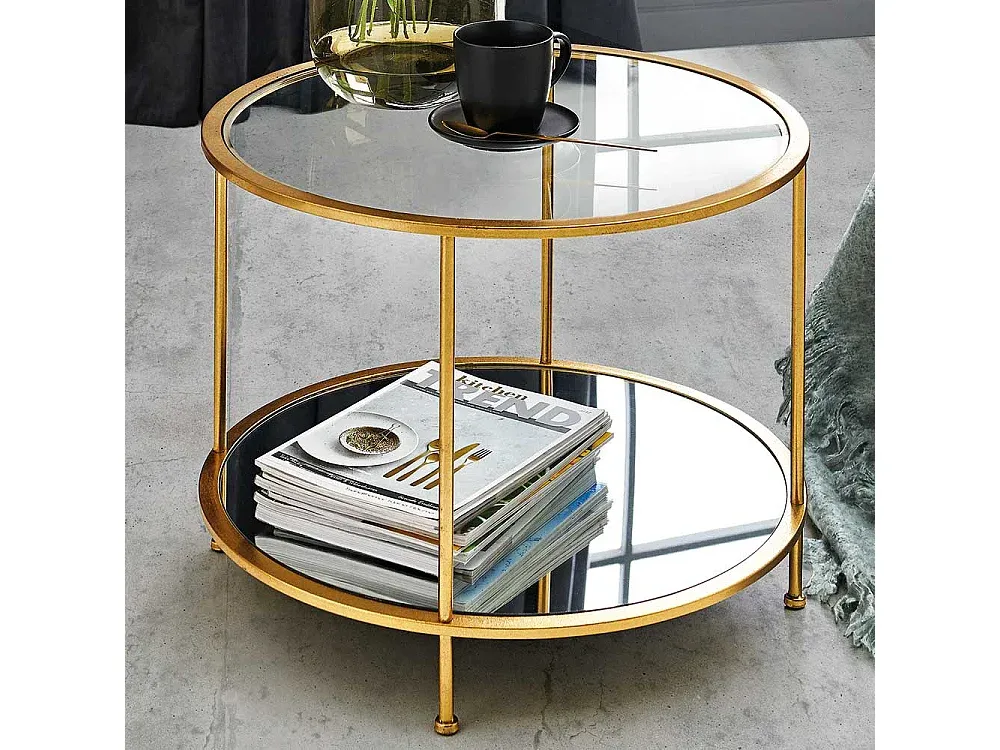 Runder Couchtisch aus Stahl mit goldfarbenem Spiegelglas