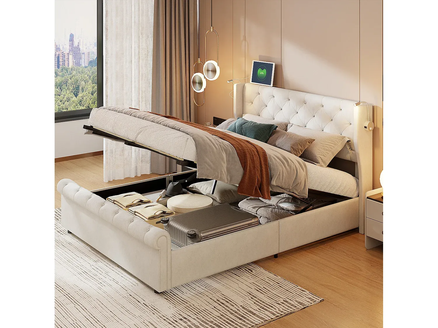 Modernes Doppelbett mit Stauraum und Leselampe in Beige