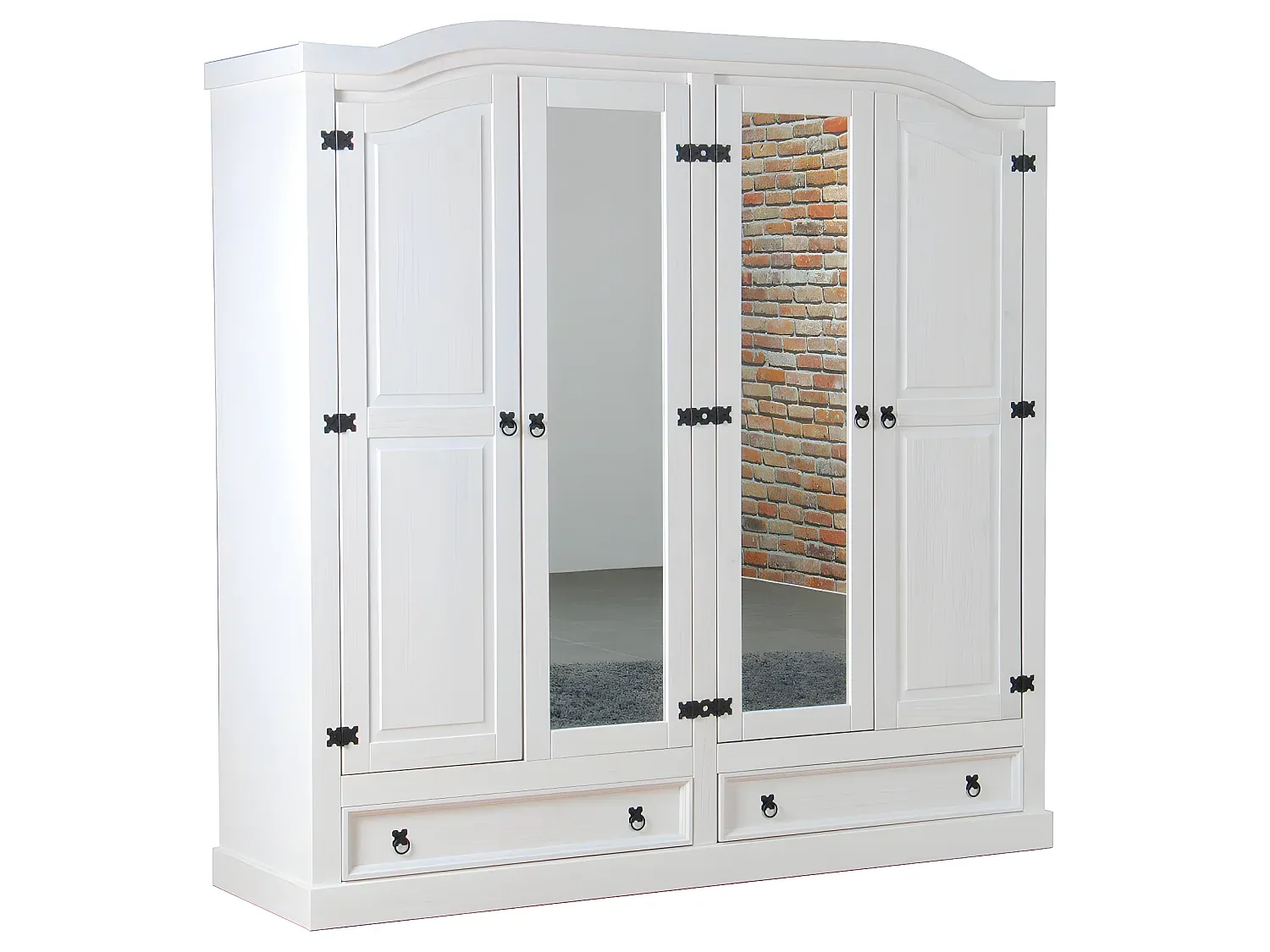 Großer Kleiderschrank mit Spiegel- und Füllungstüren, Weiß/Gewachst