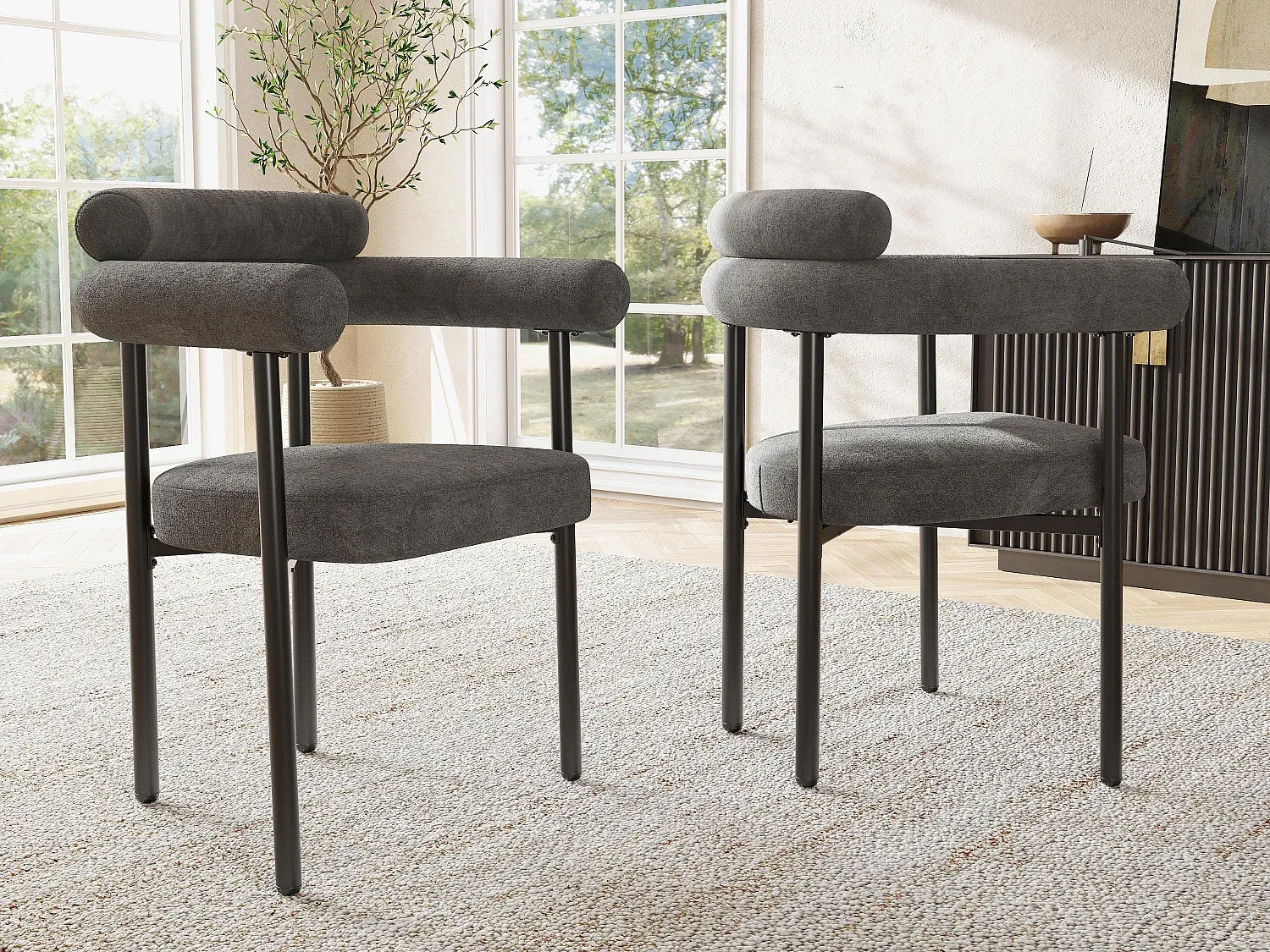 2er-Set Esszimmerstühle aus Samt mit Armlehnen in Grau