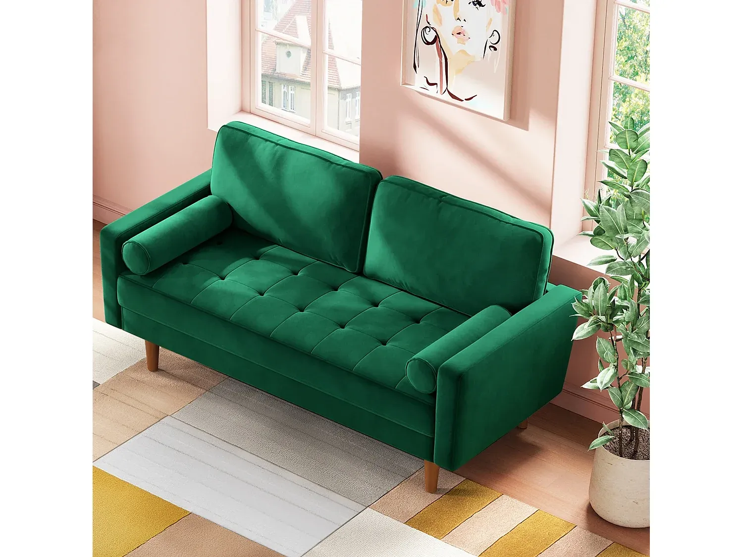 Zweisitzer-Sofa aus grünem Samt mit Polsterlehnen