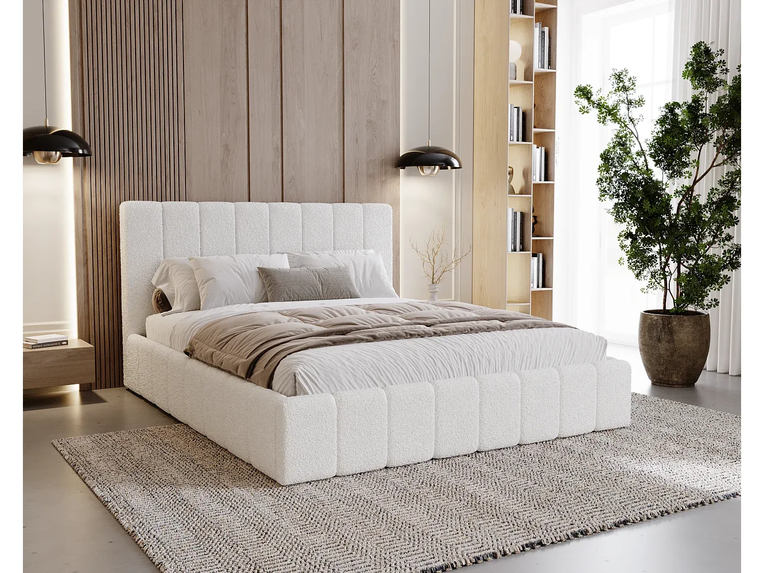 Metallrahmenbett mit Bettkasten, Boucle-Stoff, Braun, 200x200