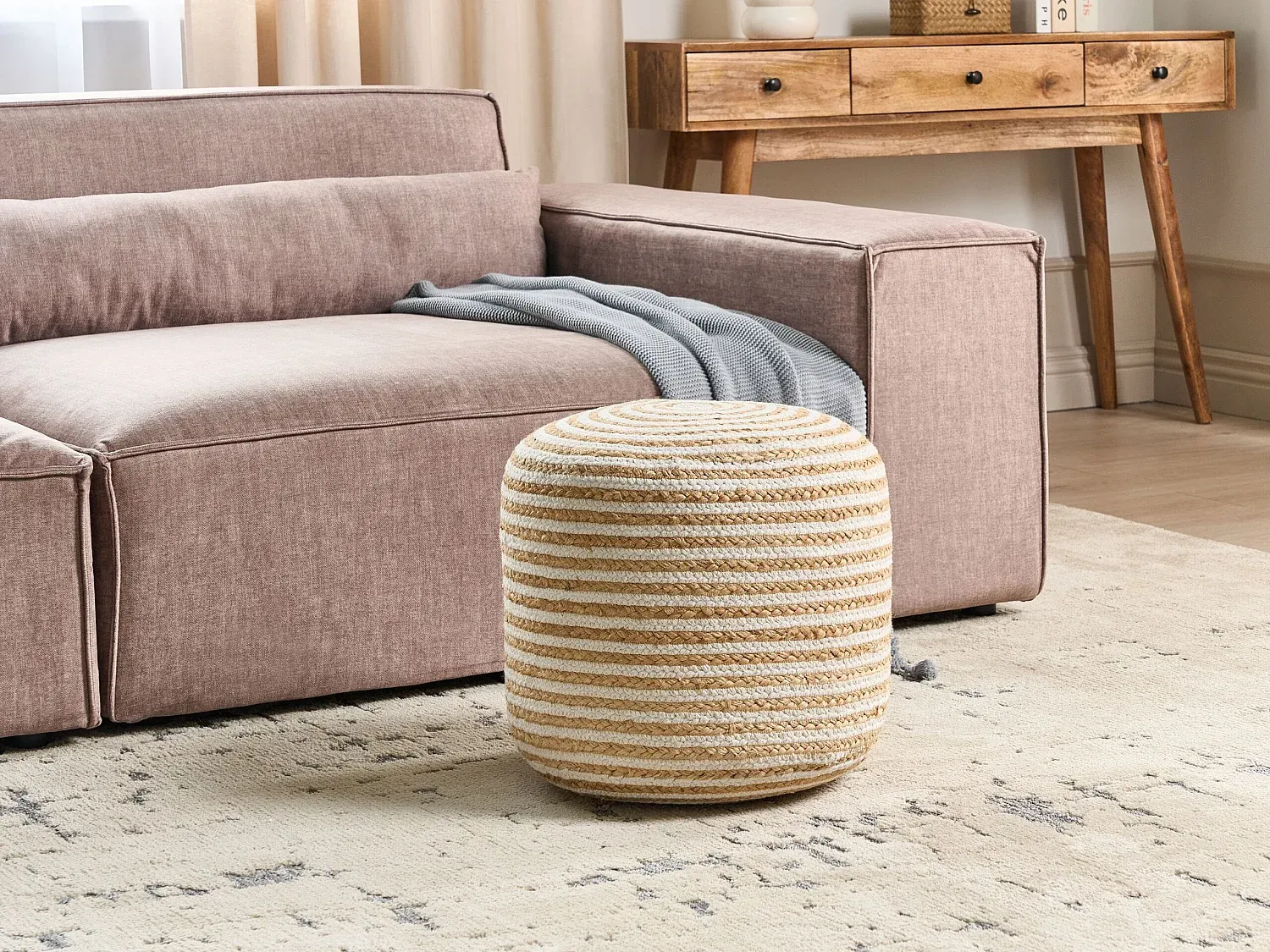 Jute Pouf Beige Weiß Rund 40 cm