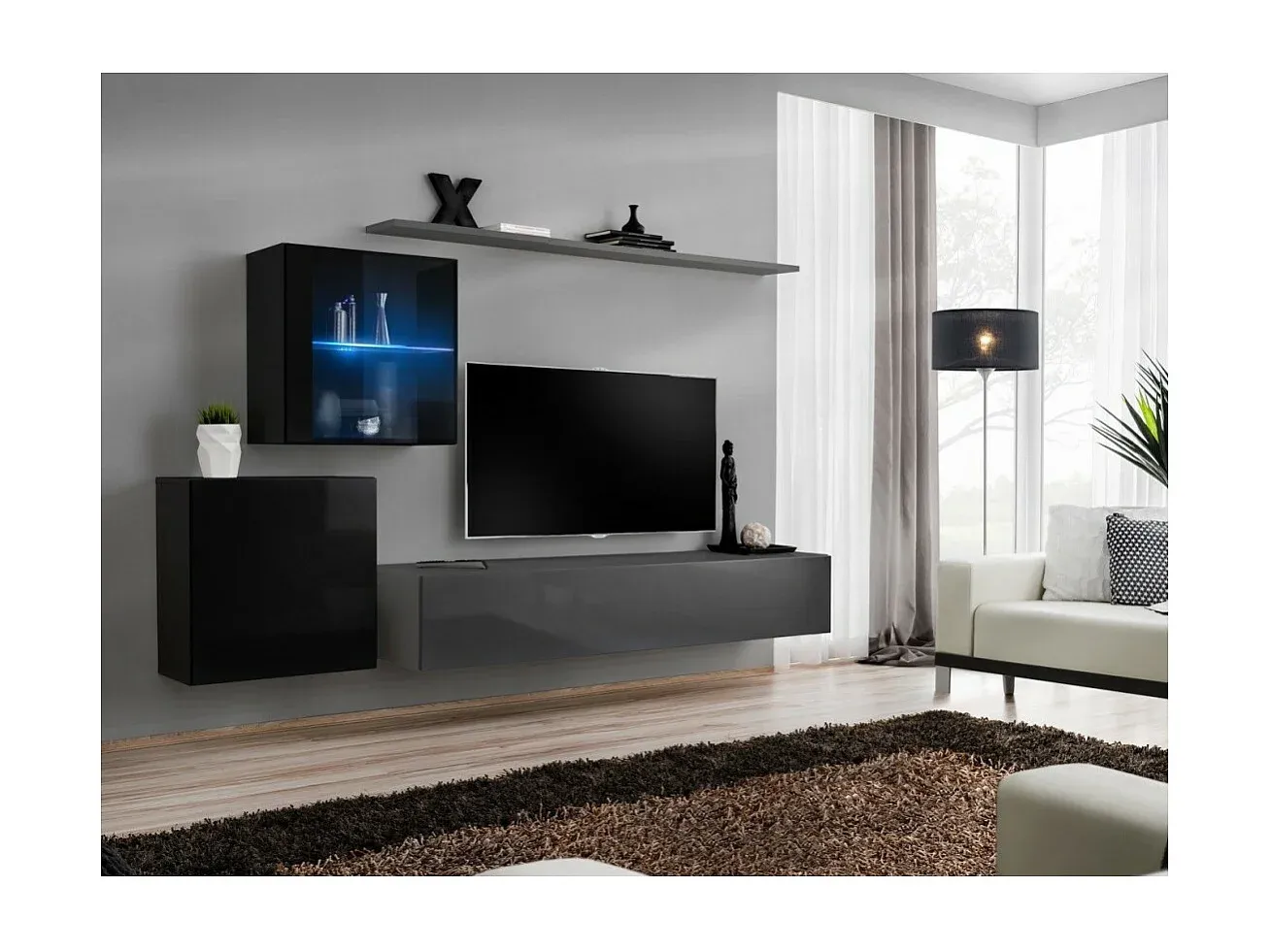 Modernes Wohnzimmer-Wandmöbel-Set in Grau und Schwarz