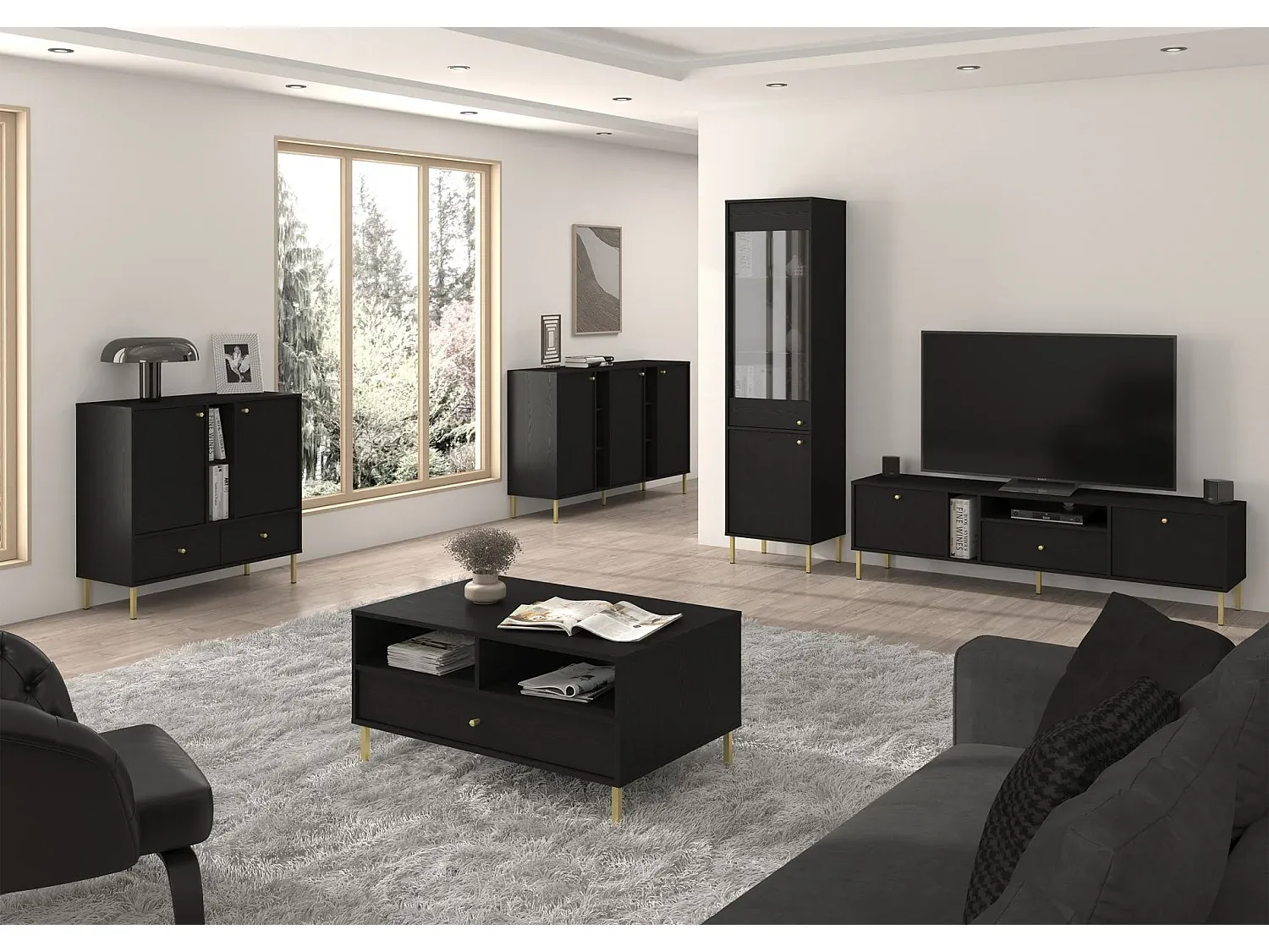 Schwarzes Sideboard mit Schubladen und Türen, 84 cm