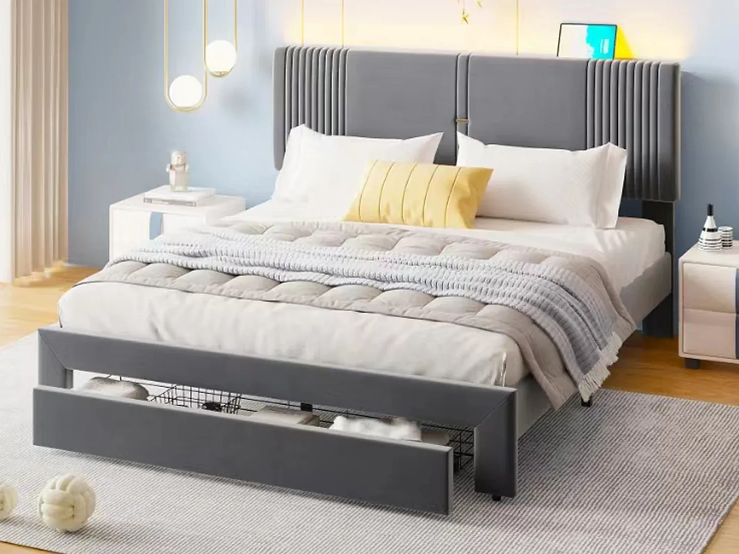 Gepolstertes 140 x 200 cm Bett mit Schublade und LED-Beleuchtung