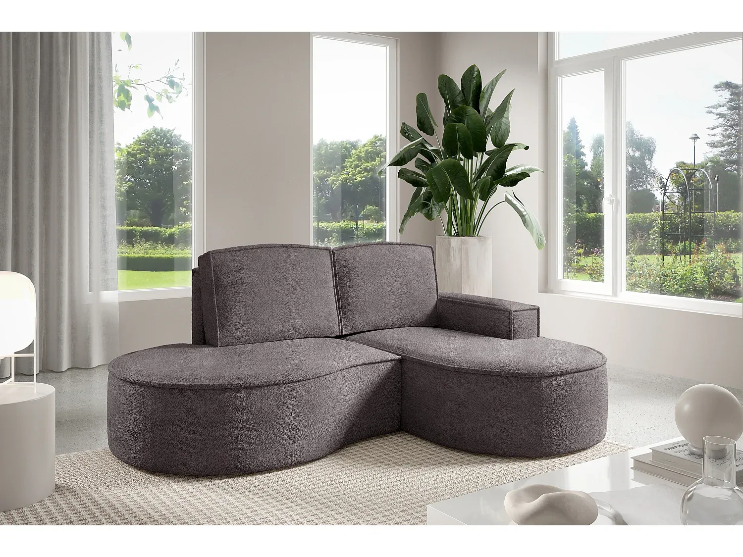 Halbkreisförmiges Ecksofa mit losen Kissen, Bouclé-Bezug, Rechts Grau