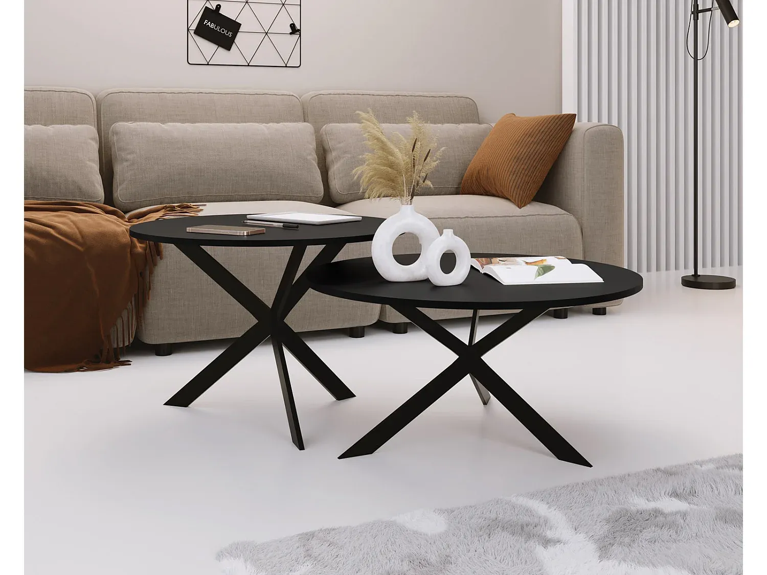 Runder Couchtisch-Set im Industriestil, Metallgestell Schwarz