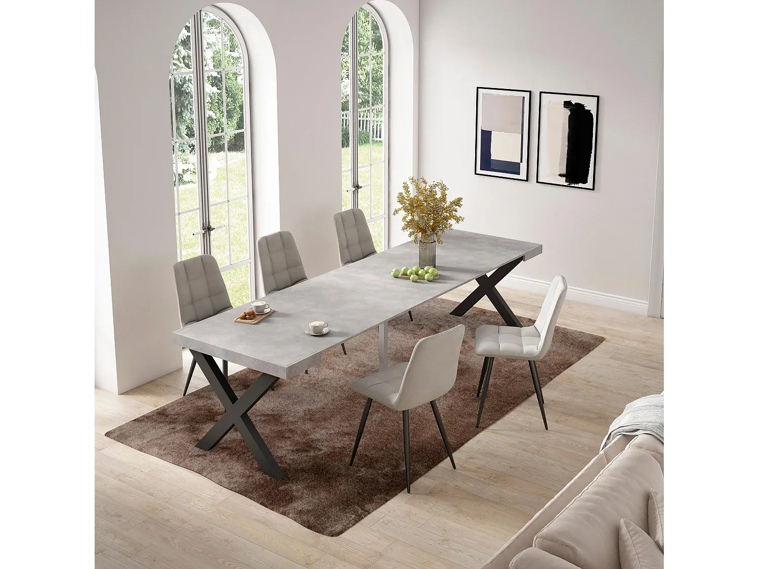 Verlängerbarer Esstisch für 14 Personen, Massivholzbeine, Zementoptik