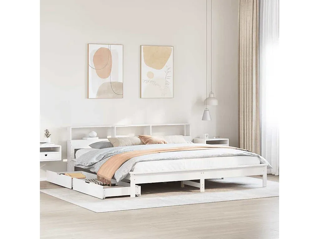 Weißes Holzbett mit integriertem Regal 180x200 cm