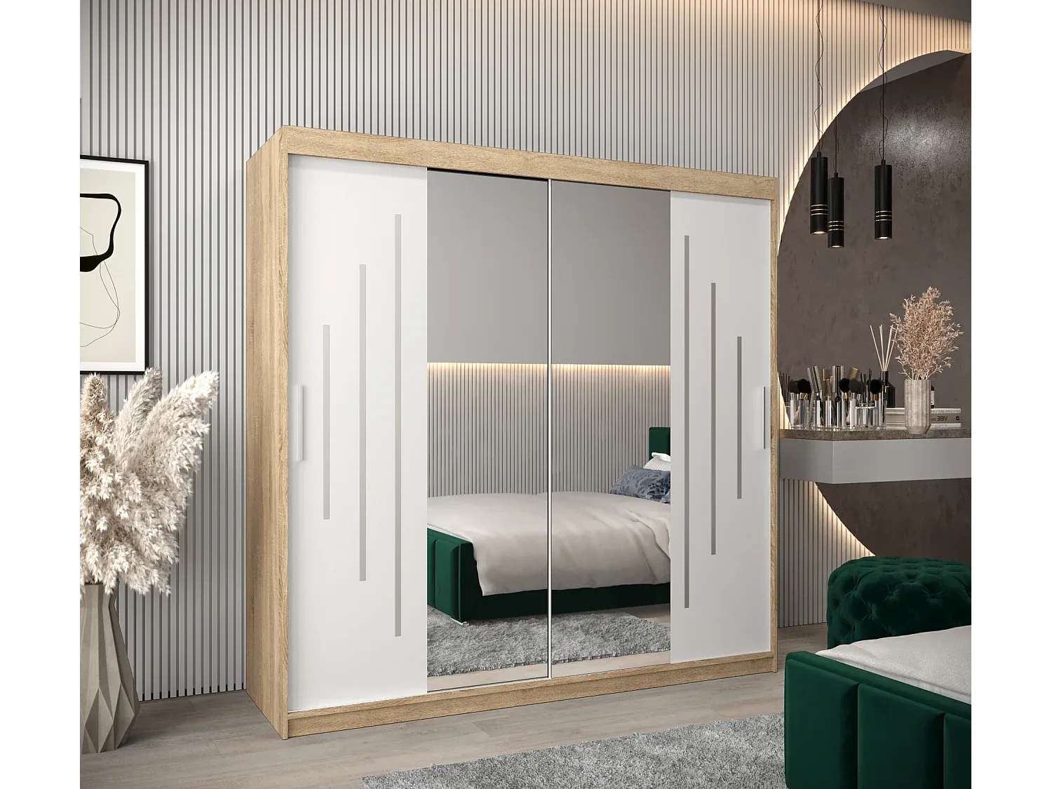 Großer Schwebetürenschrank in Weiß und Sonoma