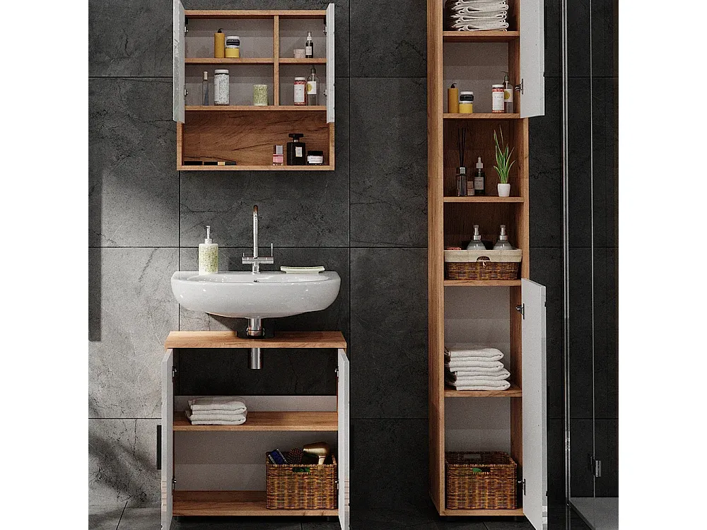 Badezimmermöbel-Set in Hochglanz Weiß und Eiche, 80x41x59 cm