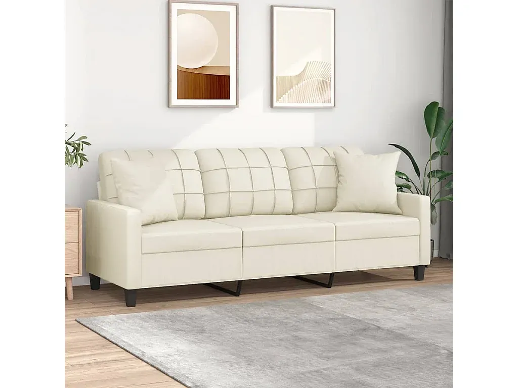 Komfortables 3-Sitzer-Sofa mit Zierkissen, Cremefarben, Kunstleder, 180 cm