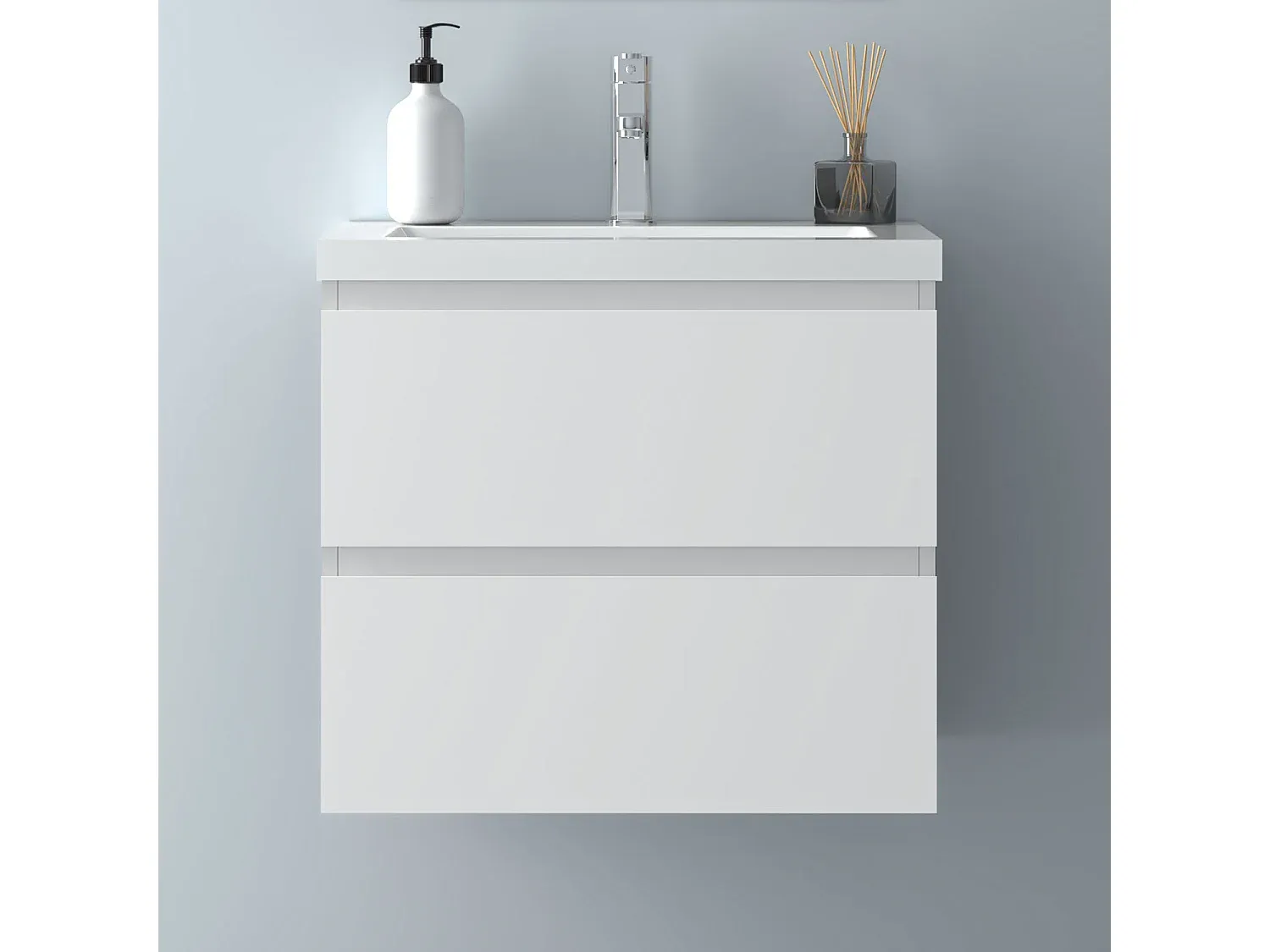 Hängender Waschbeckenunterschrank 60cm mit Mineralguss Waschtisch - Weiß Matt