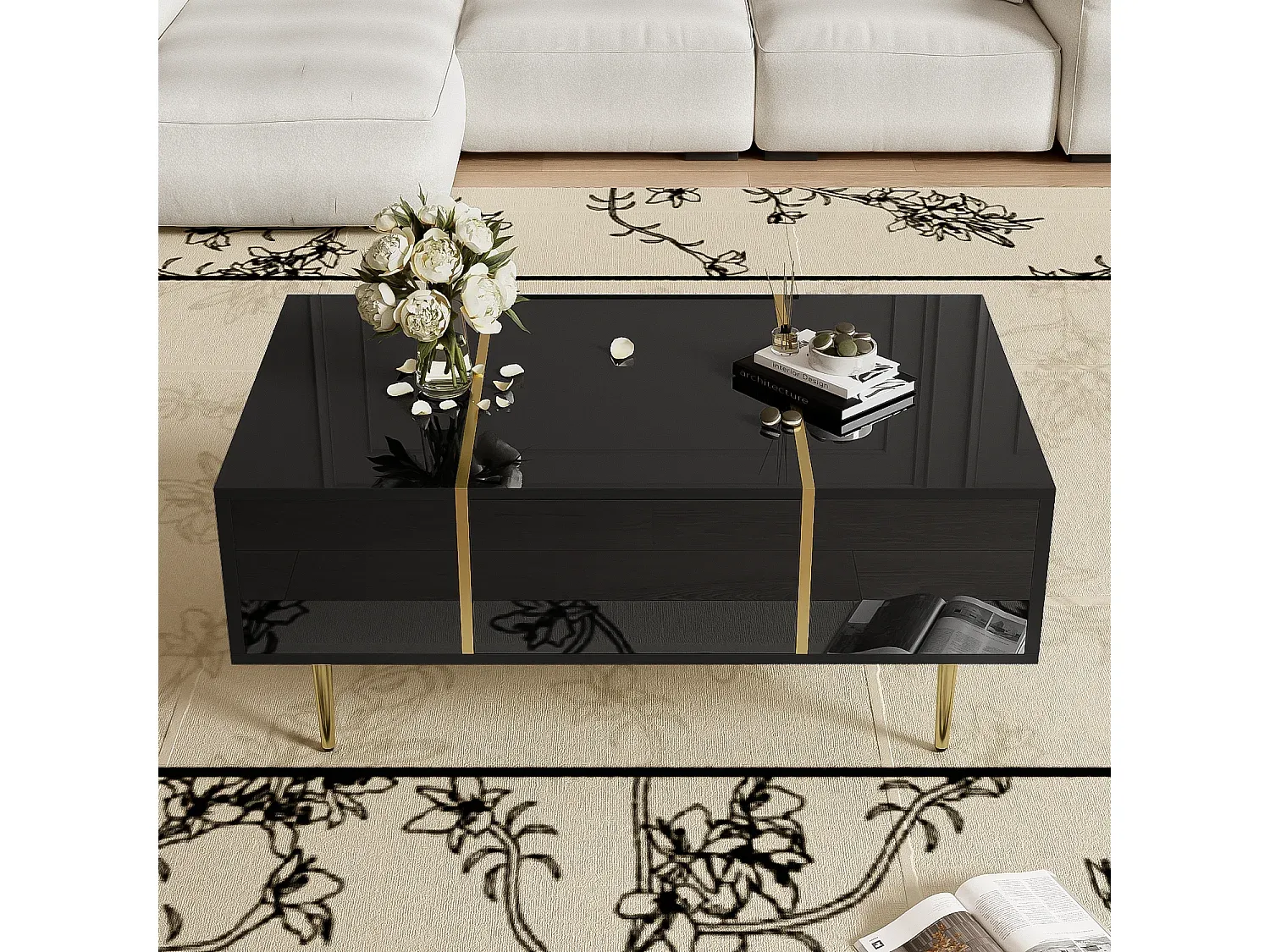 Moderner Couchtisch mit Schubladen und Metallbeinen