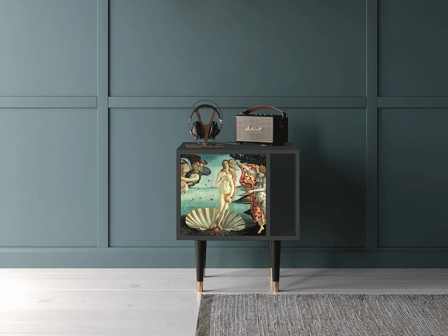 Moderner Nachttisch in Anthrazit mit Kunstmotiv